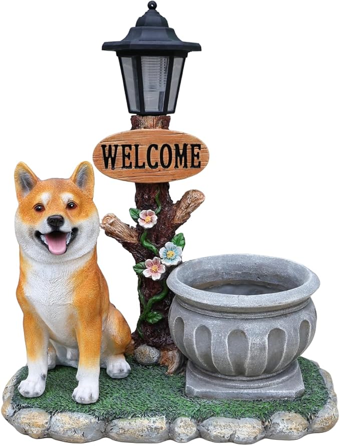 Solar Garden Statue with Planter & Lantern, Outdoor Resin Animal Sculpture, Waterproof Yard Lawn Decor Pot for Succulents, Front Porch Ornament Housewarming Gift (Shiba)