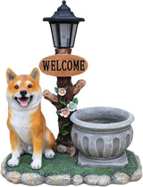 Solar Garden Statue with Planter & Lantern, Outdoor Resin Animal Sculpture, Waterproof Yard Lawn Decor Pot for Succulents, Front Porch Ornament Housewarming Gift (Shiba)