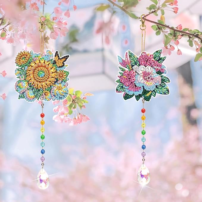 MVVMTOP 2pcs Diamond Art Painting Wind Chime with Crystal Pendant, DIY Flowers Double-Sided Design Special Shape Acrylic Crystal Diamond Ornament, Home Window Garden Hanging Pendant Decoration