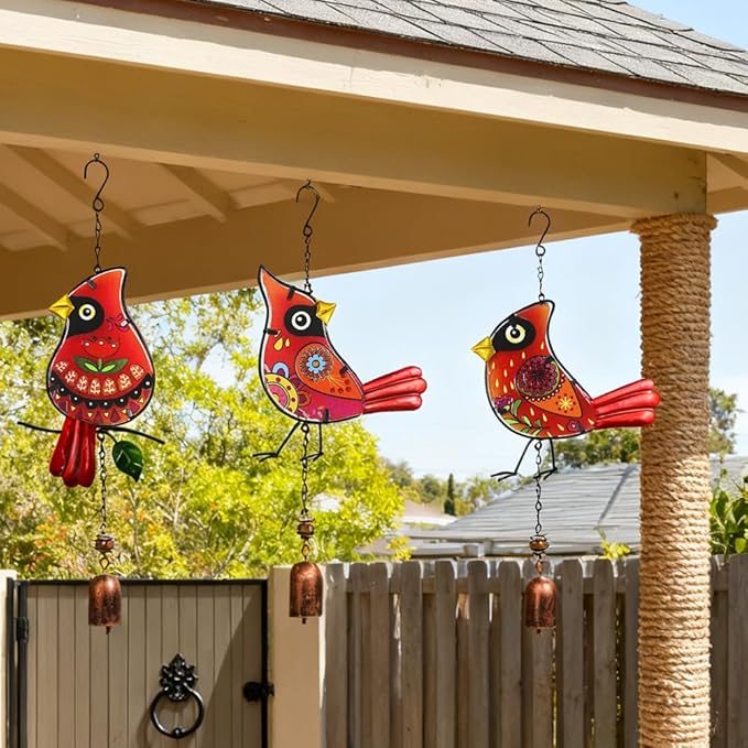 Cardinal Wind Chimes 3 Pack - Metal Wind Chimes for Outside, Waterproof Rustproof Garden Decor with Hanging Hooks, Home Decoration