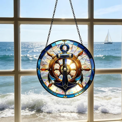Nautical Stained Glass Anchor & Helm Suncatcher, Window/Door Decor for Coastal - Style Homes, Ideal Gift for Sea Lovers, Grandma, Girlfriend