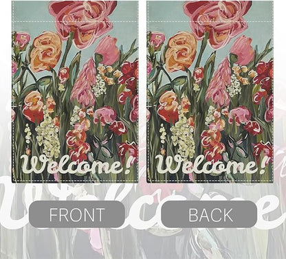 Welocome Spring Flower Garden Flag Oil Painting Pink Floral Spring Garden Flag Decor Double Sided House Flag for Outside Yard Decorations 12×18 Inch