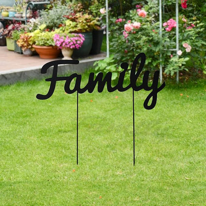 Metal Letters Garden Stakes Yard Art Word Sign Lawn Decoration Indoor Outdoor Plant Pot Decor Decorative Stick for Patio Pathway Flower Bed (family)