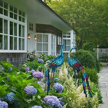 Metal Colorful Peacock Statues Set of 2 Garden Sculptures for Outdoor Indoor Yard Art