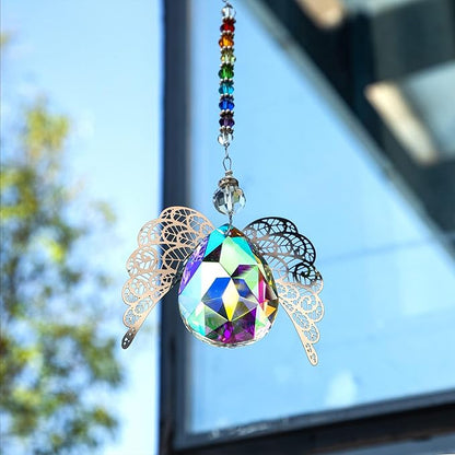 HDCRYSTALGIFTS 14'' Haning Crystal Guardian Angel Suncatcher Glass Angel Ornaments for Christmas Tree Rainbow Maker Prisms Sun Catcher for Window Home Decor (AB Color)