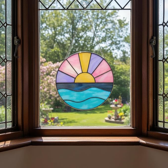 Colingmill Sun Plant Suncatcher Cute Stained Glass Greenhouse Suncatcher Ornament Light Catcher for Christmas Tree Rustic Xmas Garden Window Family Art Wall Decor
