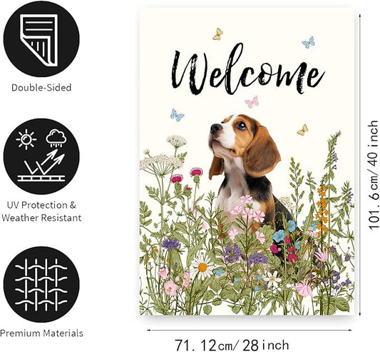 Floral Beagle Garden Flag Spring Summer House Flags 28 x 40 Double Sided Flower Dog Yard Flags for Outside Large Outdoor Welcome Flags