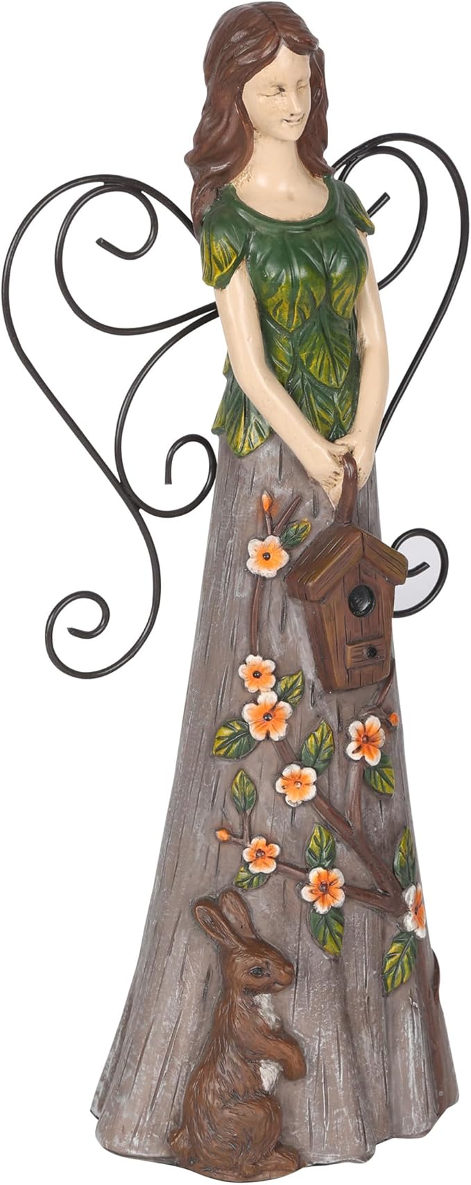 Alpine Corporation WQA1552 Floral Woodland Angel Holding Birdhouse Statue, Sentimental Decor for Garden & Patio, 12" H