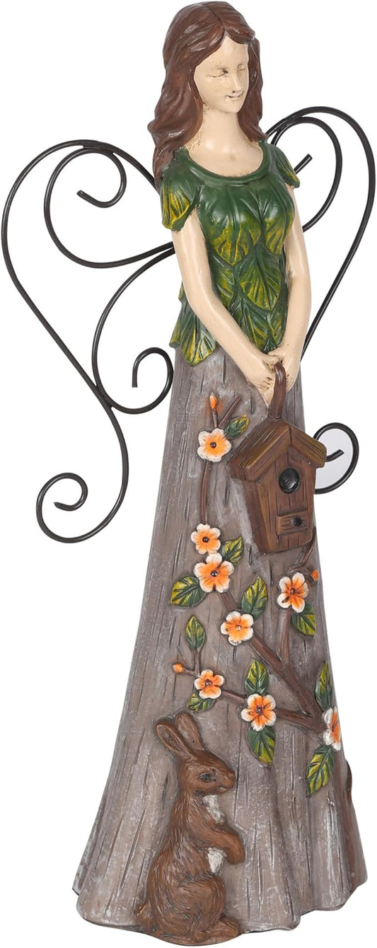 Alpine Corporation WQA1552 Floral Woodland Angel Holding Birdhouse Statue, Sentimental Decor for Garden & Patio, 12" H