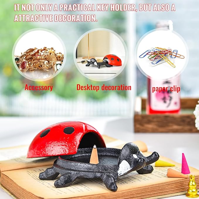 Sungmor Cast Iron Ladybug Key Hider, Hidden Key Holder for Indoor Outdoor, Hand Painted Garden Animal Statue Lawn Ornament, Decorative Jewelry Box Spare Key Hider for Shelf