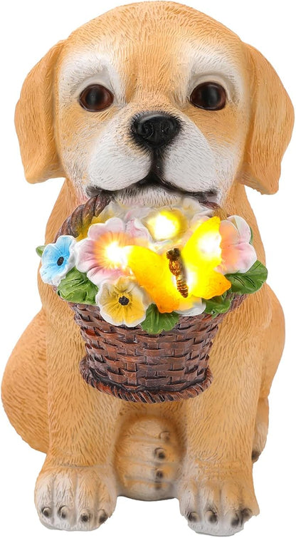 Solar Garden Dog Statue Outdoor Decor – Funny Golden Puppy Figurine with Butterfly & Flower Basket, Resin Yard Porch Patio Ornaments, Unique Christmas Birthday Gifts for Mom Grandma Women