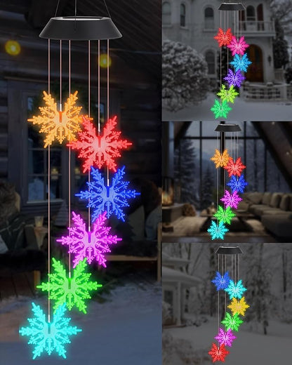 DOUBLEZHE Solar Wind Chimes for Outside, Color Changing Snowflake Wind Chimes, Birthday Gifts for Women Mom Grandma, Waterproof Outdoor LED Decorations Mobile Lights for Garden Patio Yard Party Decor