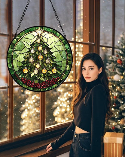 DASTOLL Stained Glass Window Hanging - Green Christmas Tree Golden Bells Suncatcher for Doors Home Christmas Decoration Sun Catcher Thanksgiving New Year Birthday Gift for Women Men Mom Nana 15 in