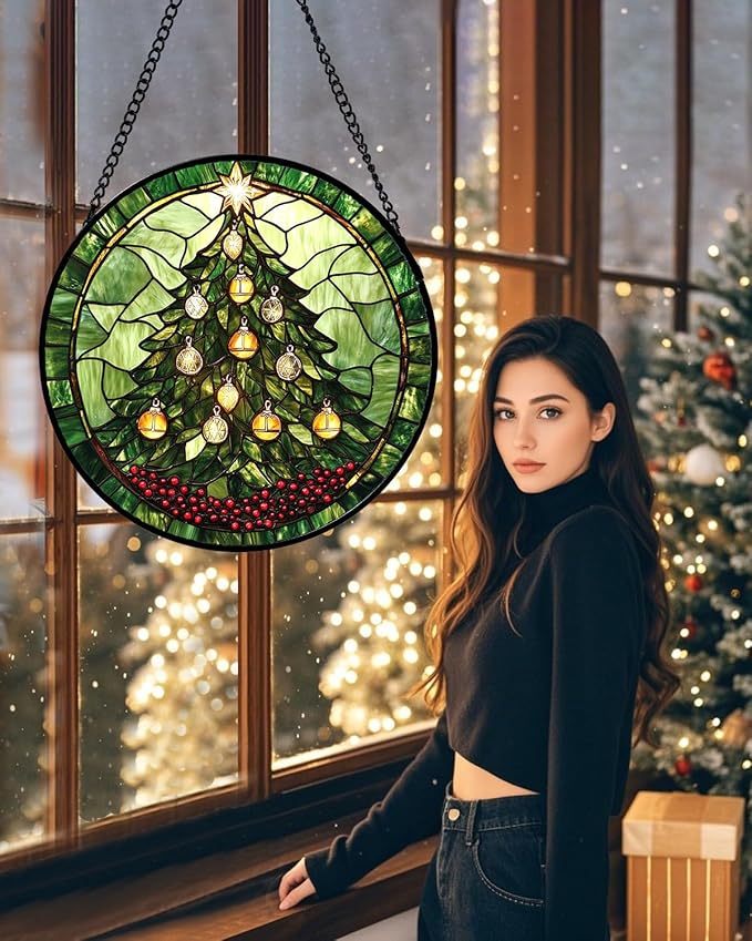 DASTOLL Stained Glass Window Hanging - Green Christmas Tree Golden Bells Suncatcher for Doors Home Christmas Decoration Sun Catcher Thanksgiving New Year Birthday Gift for Women Men Mom Nana 7.8 in