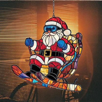 Funny Santa Claus Skiing Acrylic Suncatcher Stained Glass Effect Window Car Hanging Christmas Ornament Indoor Outdoor Decor Garden Sun Catcher Panel for Christmas Lover for Women Mom Grandma
