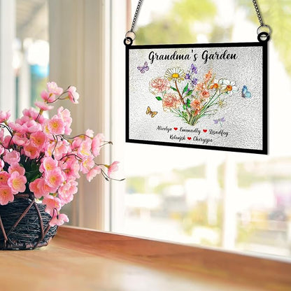 Personalized Grandmas Garden Stained Glass Suncatchers, Custom Name Birth Month Flowers Window Hanging Ornament, Mothers Day Christmas Birthday Gifts for Grandma Mom Nana Mimi (Round 1)