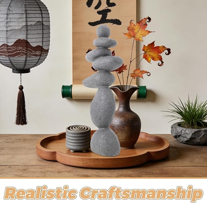 DECHOUS Large Stacked Rocks Sculpture, 16.5 Inch Tall, Resin Rock Cairn Stone Stacked Zen Garden Balanced Stone Statue for Indoor Outdoor Patio Home Meditation Decor