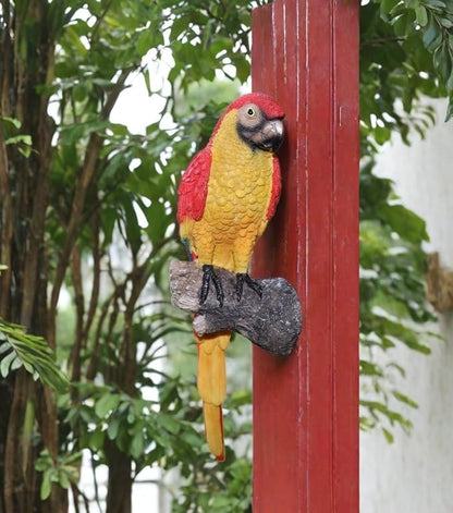 Tropical Parrot Statues Hanging Decor,13.6''(H) Wall Decor Parrot Sculpture for Home Porch Patio Door,Resin Scarlet Macaw Statue Outdoor Garden Yard Tree Art Ornaments