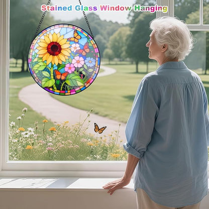 Sunflower Stained Glass Window Hanging Suncatcher – Round Floral Glass Panel for Window, Garden, Wall Decor – Sunflower Gift Suitable for Birthdays and Mother's Day (12 Inch)