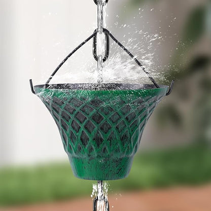 Retro Green Cup Rain Chain, 103.9" Metal Rain Catcher Chain for Gutters, Decorative Outdoor Rain Chain with Distressed Finish, Garden Downspout Diverter Replacement Ornament