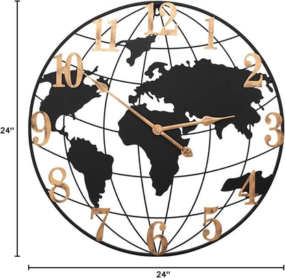 Large Outdoor Clock, 24 Inch Big Metal Wall Clock Silent Battery Operated, Retro World Map Decorative Clock for Farmhouse, Kitchen, Living Room, Pool Area, Patio (Black - Bronze Arabic)