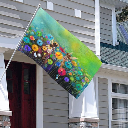 Spring Summer Seasonal Green Floral Flowers Art Flag 3x5 Ft Outdoor Indoor With Grommet Fairy Dragonfly Garden Yard Home Room Banner Decorative Sign