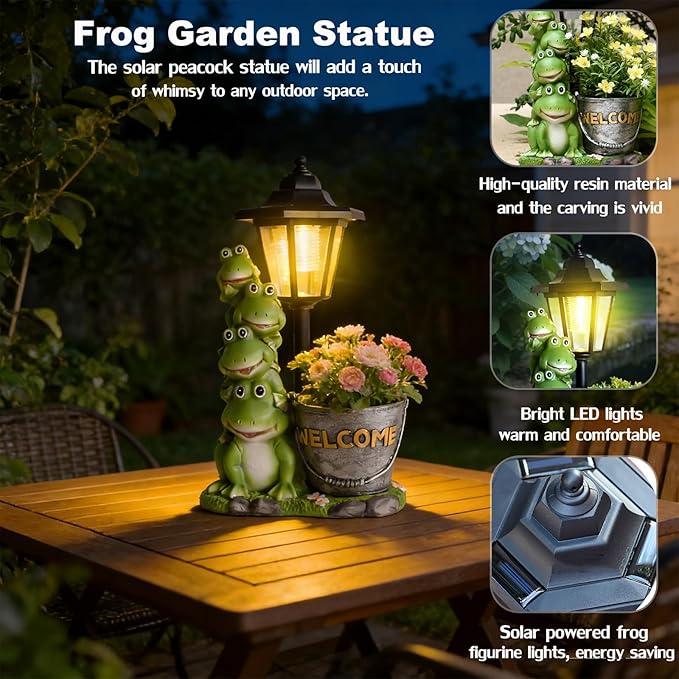 VEEKI Frog Garden Statue Outdoor, Solar Frog Figurine with Lantern and Flowerpot, Resin Frog Decor for Garden Patio Yard Lawn Ornament, Housewarming Birthday Gifts for Women Mom Grandma