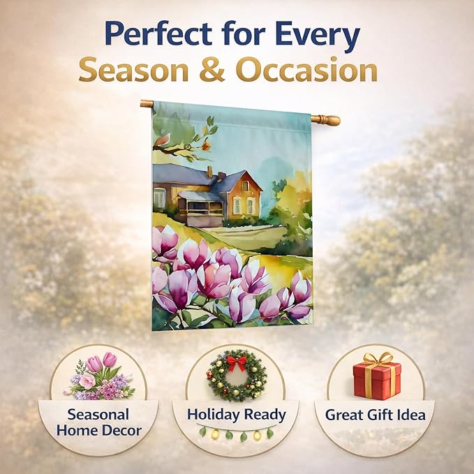 Caroline's Treasures Louisiana Magnolias in Watercolor House Flag Large Porch Sleeve Pole Decorative Outside Yard Banner Artwork Wall Hanging, Polyester, House Size, Multicolor