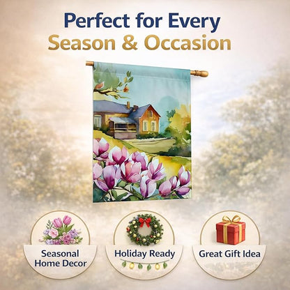 Caroline's Treasures Louisiana Magnolias in Watercolor House Flag Large Porch Sleeve Pole Decorative Outside Yard Banner Artwork Wall Hanging, Polyester, House Size, Multicolor