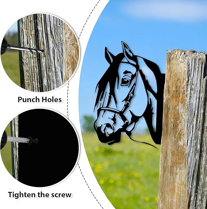 Peeping Metal Horse Wall Art - Garden Fence Decorations for Outdoor, Farmhouse Yard Art, 11.65" x 9.06" Black Horse Silhouette for Tree, Fence, or Barn (Screws Included)