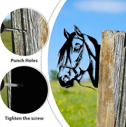 Peeping Metal Horse Wall Art - Garden Fence Decorations for Outdoor, Farmhouse Yard Art, 11.65" x 9.06" Black Horse Silhouette for Tree, Fence, or Barn (Screws Included)