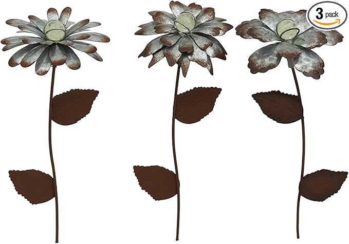 CEDAR HOME Galvanized Floral Garden Stake Outdoor Glow in Dark Plant Pick Water Proof Metal Stick Art Ornament Decor for Lawn Yard Patio, 4"W x 1.5"D x 13.8"H, 3 Set
