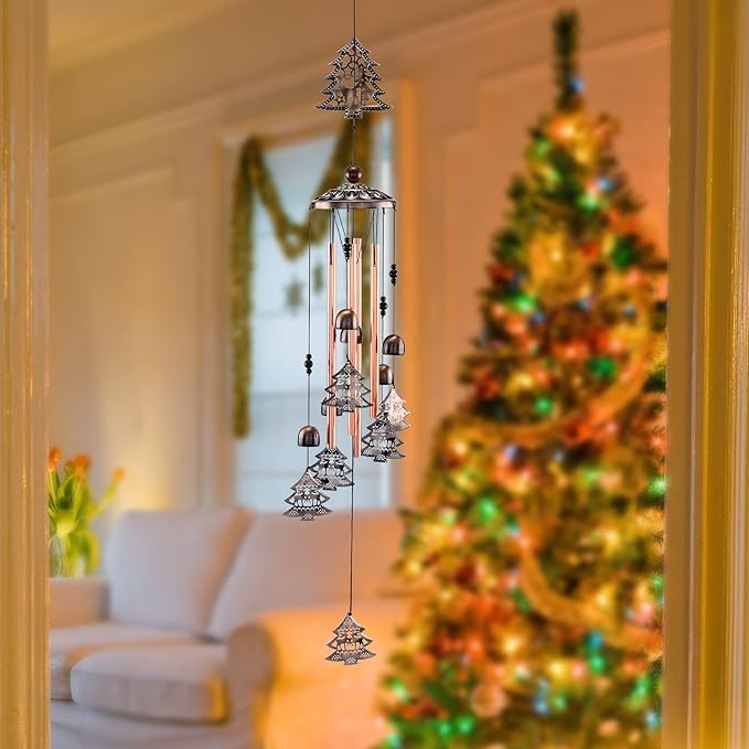 Yoption Christmas Wind Chime for Outside with Christmas Tree, Handmade Metal Memorial Windchimes with S Hook for Garden Decor