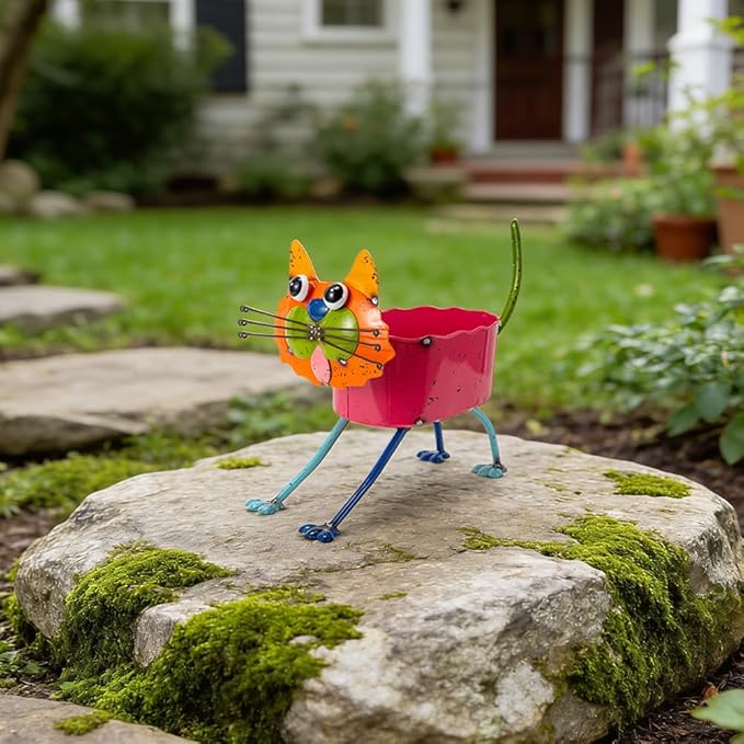 Oak & Lore Whimsical Metal Cat Garden Statues, Colorful Cartoon Cat Garden Sculptures & Statues with Planters for Patio Lawn & Yard Art Decor