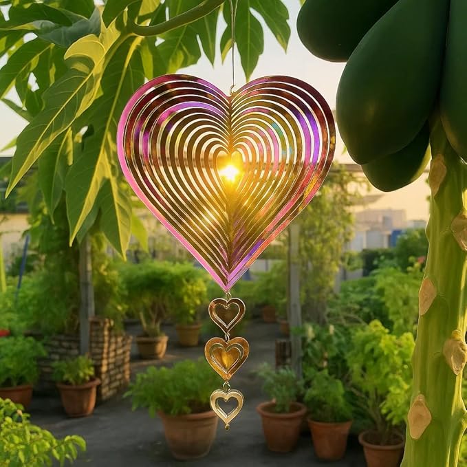 3D Stainless Steel Wind Spinners for Outdoor Yard Decor, Hanging Heart-Shaped Garden Ornaments, Reflective Metal Wind Sculptures for Patio Lawn Decorations, 3 Pack Gift Set