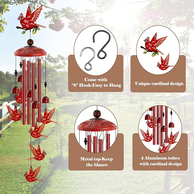 Cardinal Wind Chimes for Outside, Cardinals Gifts for Women,Memorial/Birthday Gifts for Grandma Mom, Metal Red Bird Windchimes with Soothing Tones, Christmas Outdoor Decor for Garden Patio Yard (35")
