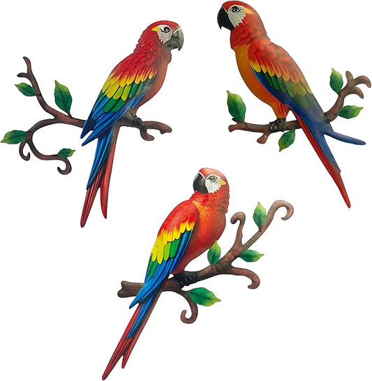 Limygus Metal Parrot Wall Art Decor, 3 Pack Colorful Tropical Bird Decorations, Hanging Outdoor Fence Artwork for Garden Yard Living Room Bedroom Balcony
