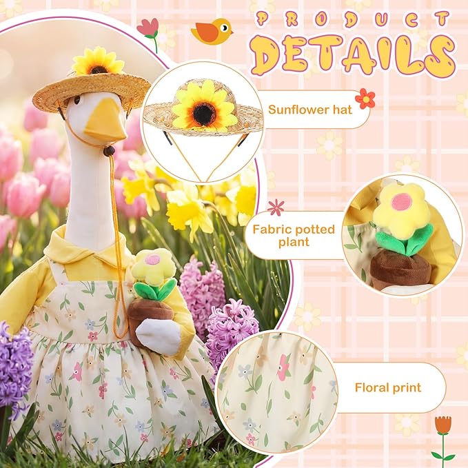 FuWeave Spring Goose Outfit Sunflower Porch Goose Clothes for 23" Large Statue Outdoor Patio Yard Lawn Art Decoration