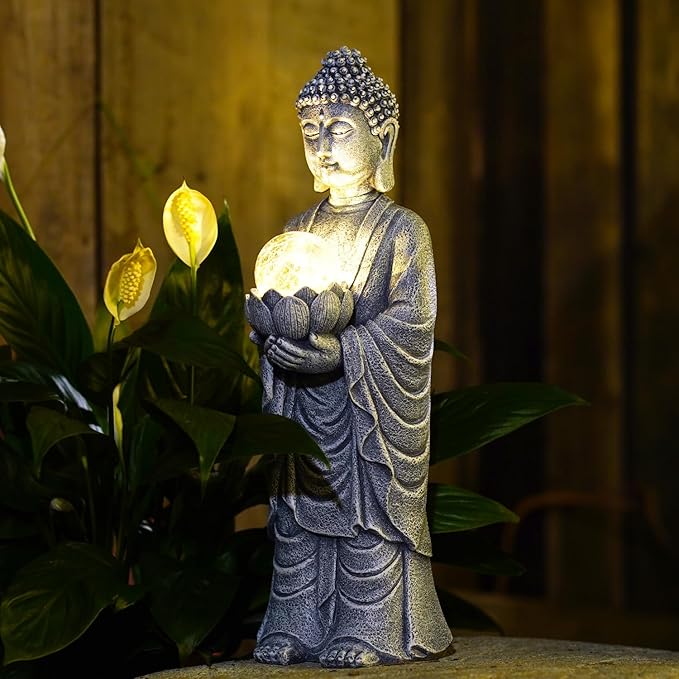 Solar Buddha Statue Outdoor – 14 Inch Tall Solar Outdoor Yard Zen Garden Decor - Ideal Gifts for Housewarming