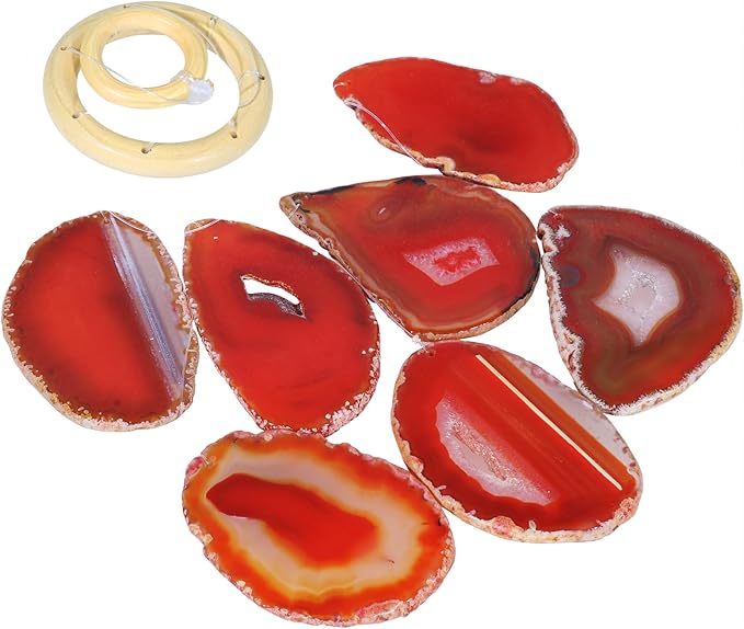 SUNYIK Handmade Natural Agate Slice Wind Chime for Garden Home Decor Window Ornament, Red, 27-33 Inches