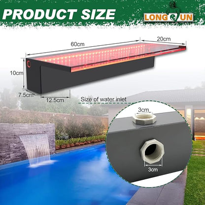 LONGRUN 60cm Pond Waterfall Blade,Acrylic Pool Fountain with RGB Bluetooth LED Light, Complete Waterfall & Stream Kits for Outdoor Water Features
