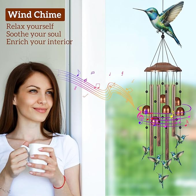 Wind Chimes for Outside, Sympathy Wind Chimes for Outdoors Garden Decor with Natural Sounds, Gifts for Women Mom and Grandma, Indoor Outdoor Decorations for Patio Porch and Backyard(Hummingbird)