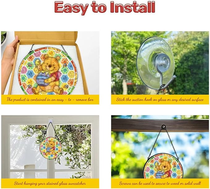 GENANY Honey Bear Glass Window Hanging, Spring Sun Catcher with Metal Chain and Hook, Romantic Gifts for Women Friends Family, Garden Decor, Housewarming Gifts, Outdoor Decor
