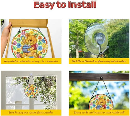 GENANY Honey Bear Glass Window Hanging, Spring Sun Catcher with Metal Chain and Hook, Romantic Gifts for Women Friends Family, Garden Decor, Housewarming Gifts, Outdoor Decor