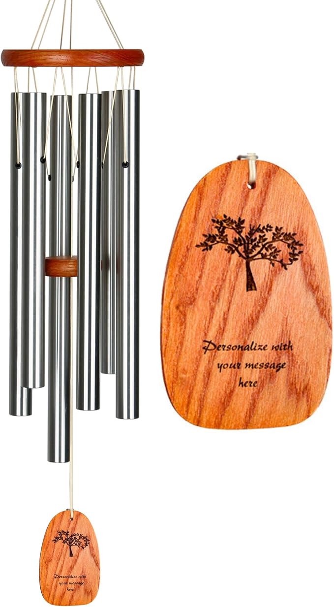 Woodstock Wind Chimes Personalized Amazing Grace Memorial Chime for Outside 24'' Large Silver Sympathy Customized Tree of Life Inspirational Wind Chime for Outdoor Patio Home Garden Decor (P-AGMS16)