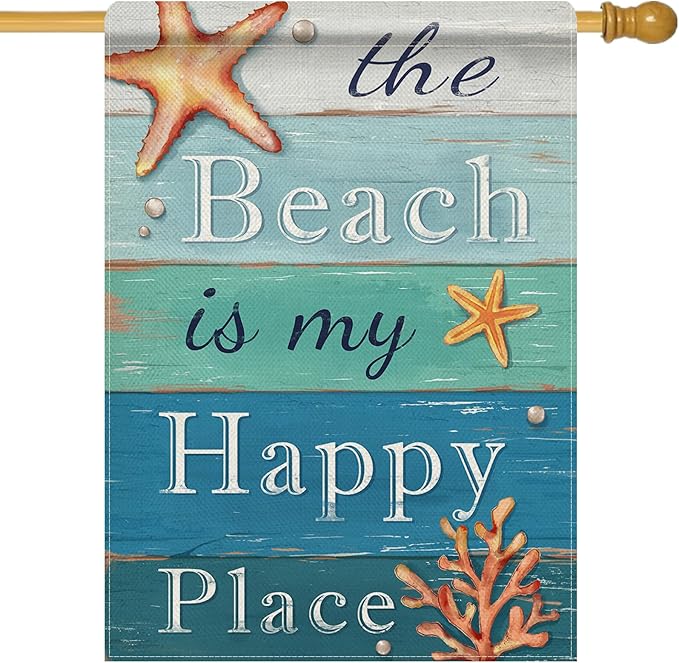 Dyrenson Summer The Beach is My Happy Place 28 x 40 House Flag Double Sided, Blue Coastal Starfish Farmhouse Garden Yard Decorations, Coral Pearl Nautical Rustic Outdoor Decor Decorative Large Flag