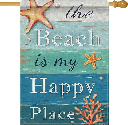 Dyrenson Summer The Beach is My Happy Place 28 x 40 House Flag Double Sided, Blue Coastal Starfish Farmhouse Garden Yard Decorations, Coral Pearl Nautical Rustic Outdoor Decor Decorative Large Flag