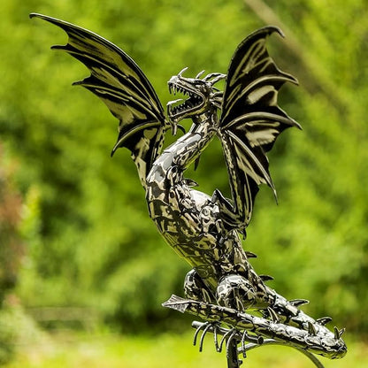 Zaer Ltd. Metal Dragon Rocking Garden Stake, Kinetic Wind Decor, Metallic Black Finish, Moving Wings (Tail to The Side Dayfyre)