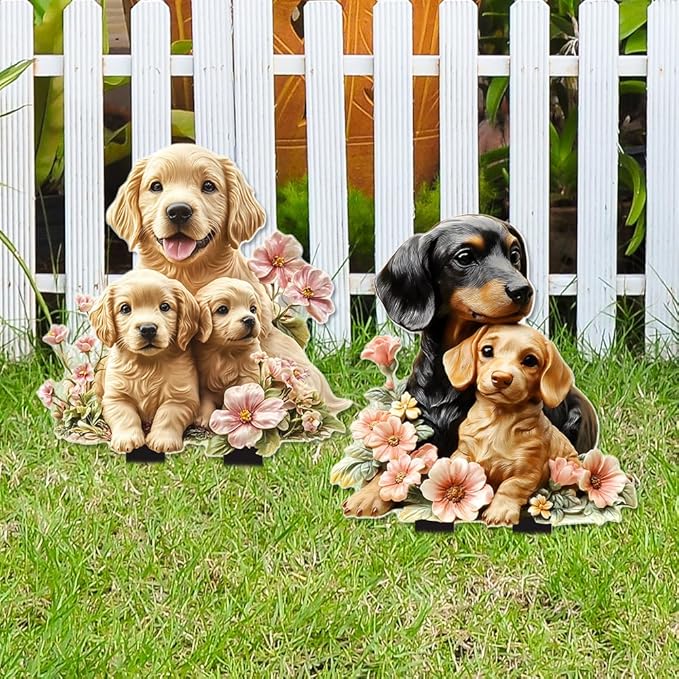 Garden Stake Decor, Acrylic 2D Flat Animal Statue, Fairy Sculptures Ornament Indoor Outdoor Yard Lawn Pot Plant Decorative Accessories (Two-Dogs)