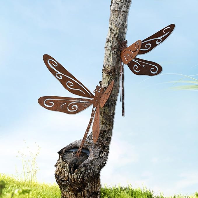 2 Pack Rusty Dragonfly Garden Decor, Metal Dragonfly Outdoor Yard Decor, Colorable Dragonflies Outdoor Statues Ornaments - Garden Sculptures and Yard Art, Fence Decorations Outdoor